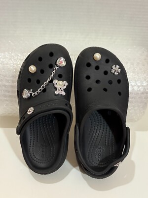 KIDS SIZE J 2 BLACK PLATFORM CROCS BLING JIBBITZ PREOWNED