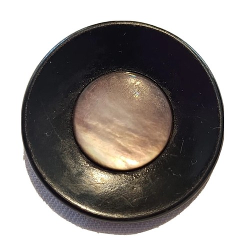 Antique Button 1.44" Mother of Pearl Black Bakelite Convex Saucer Shank 7805