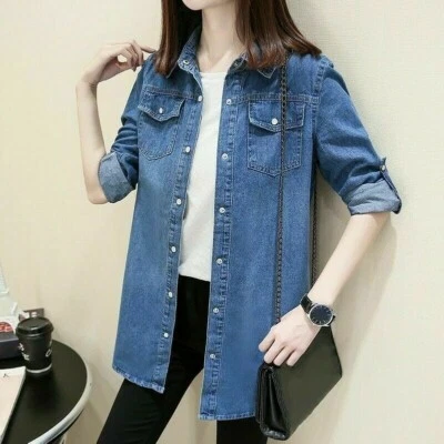 Damen Damen Jeanshemd Bluse Jacke Baumwolle Top Mantel Retro Klassisch Freizeit - Bild 1 von 4