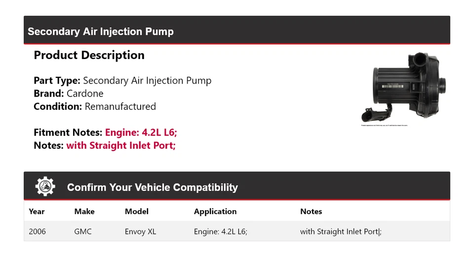 Bomba de inyección de aire secundaria de cartón para GMC Envoy XL 2006 4,2 L L6 Foto 2 de 4