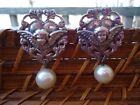 New ListingAngel Cherub Heart 925 Earrings Faux Pearl Dangle Vtg Ornate Silver Embossed