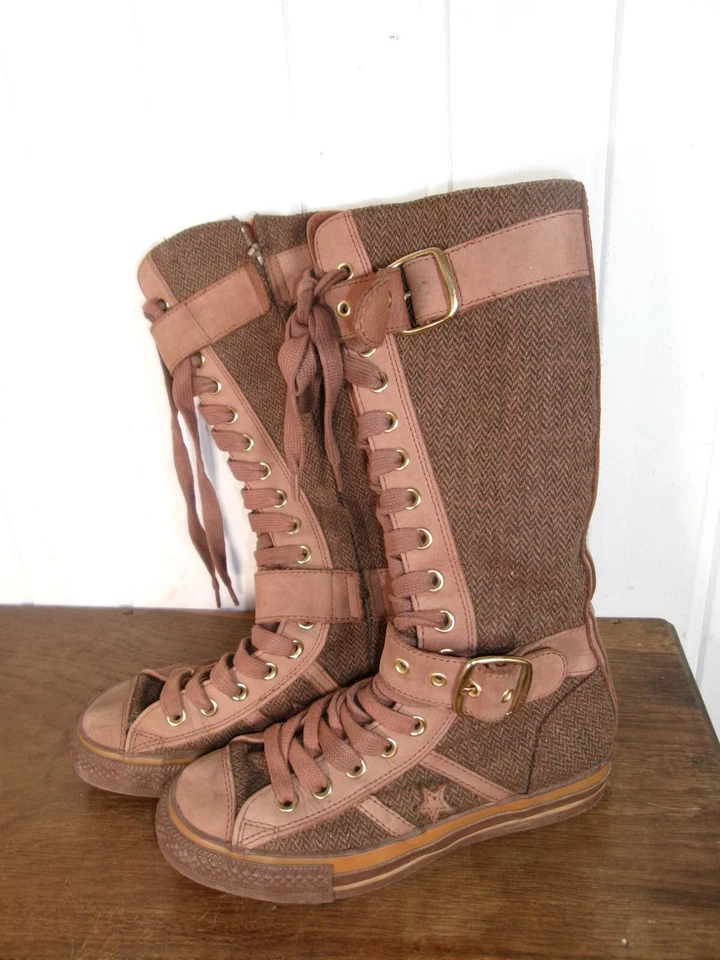 Bottes haute toile marron lacé et zip CONVERSE 36 3.5UK semelle caoutchouc - Photo 2/4
