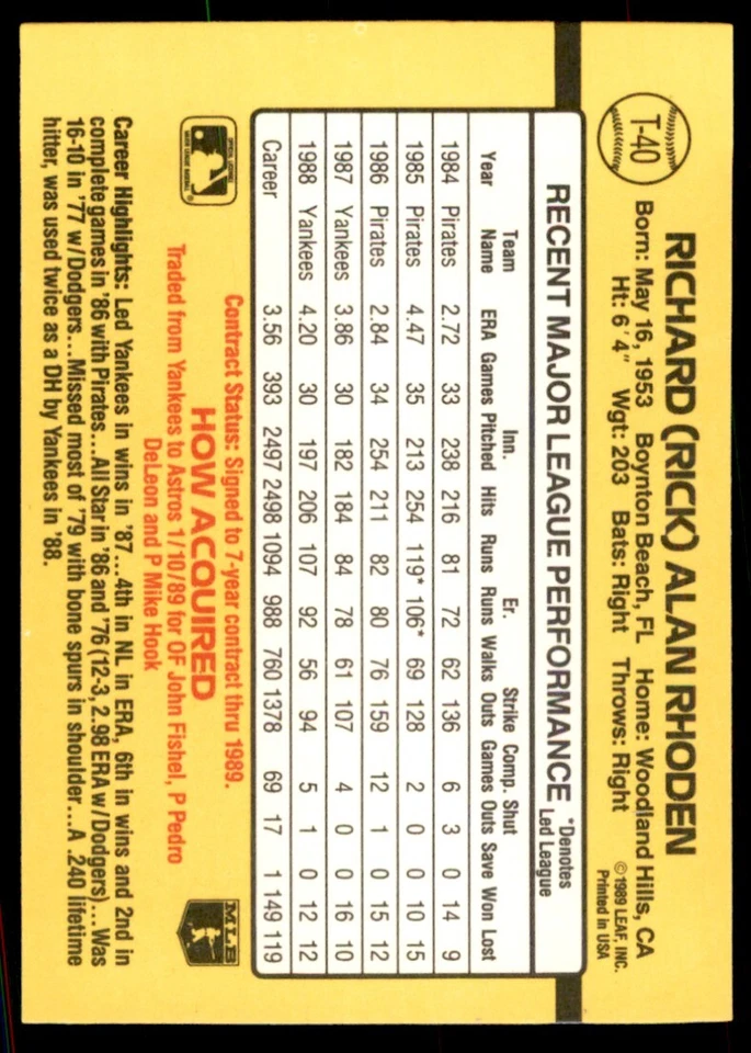 1989 Donruss Traded Rick Rhoden Baseball Cards #T-40 - Image 2 of 2