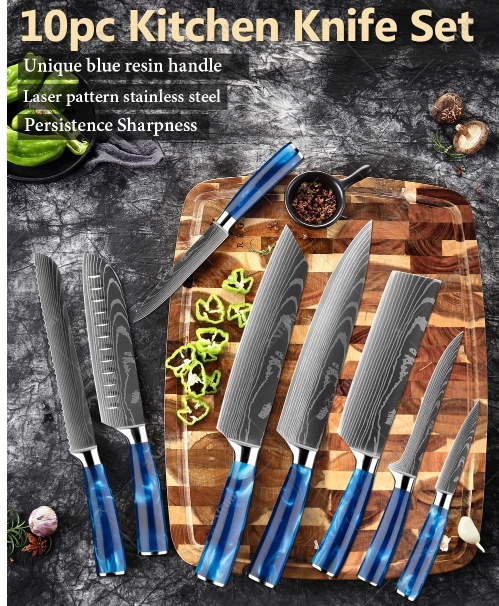 New kitchen knife Set Exquisite blue resin handle Damascus pattern Chef  knives