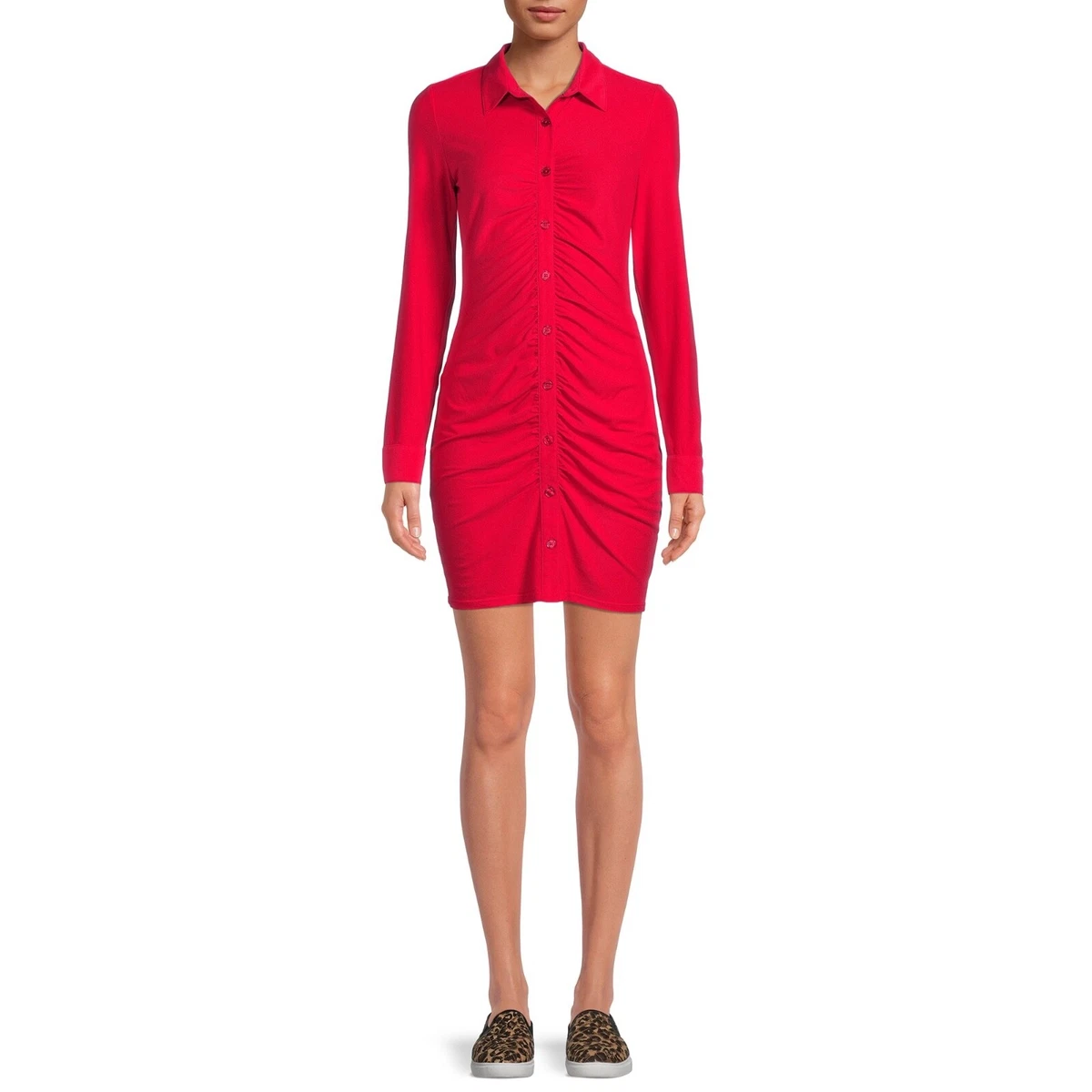 No Boundaries Juniors' Ruched Button Front Dress, Red, Medium 7-9