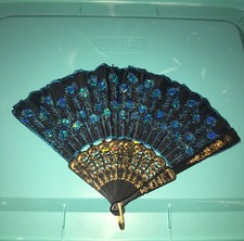 Beautiful Fabric Plastic Hand Fan Aqua Turquoise