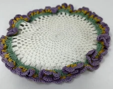 Doily Handmade Crochet 5.5” Off-White With  Purple 3D Flowers Vtg Cottage Core