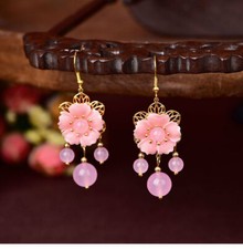 Pink Jade Flower Earrings Luxury Women Natural Jewelry Carved 925 Silver