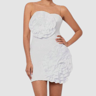Xscape Women White Rosette Illusion-Neck Sleeveless Mini Dress Size 12