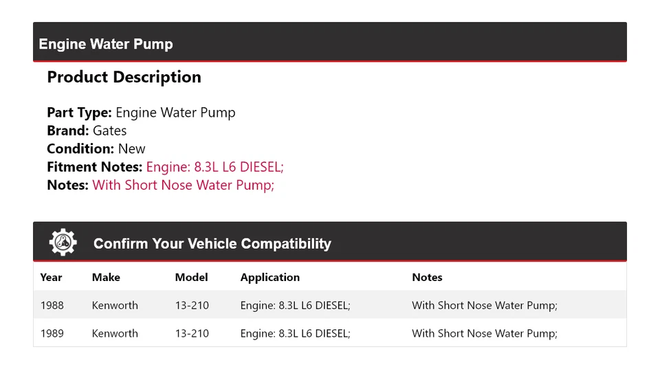 适用于 1988 - 1989 Kenworth 13 - 210 8.3L L6 柴油发动机水泵门 — 第 2/4 张图片