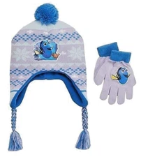 Disney Finding Dory Girls Nemo Fairisle Pom-pom Earflap Hat & Gloves Set NWT