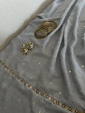 Grey Scarf | Gold Accents | Lace Trim Edge |