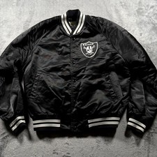 Vintage Las Vegas Raiders NFL Satin Jacket Mens L Black Snap Front Chalk Line