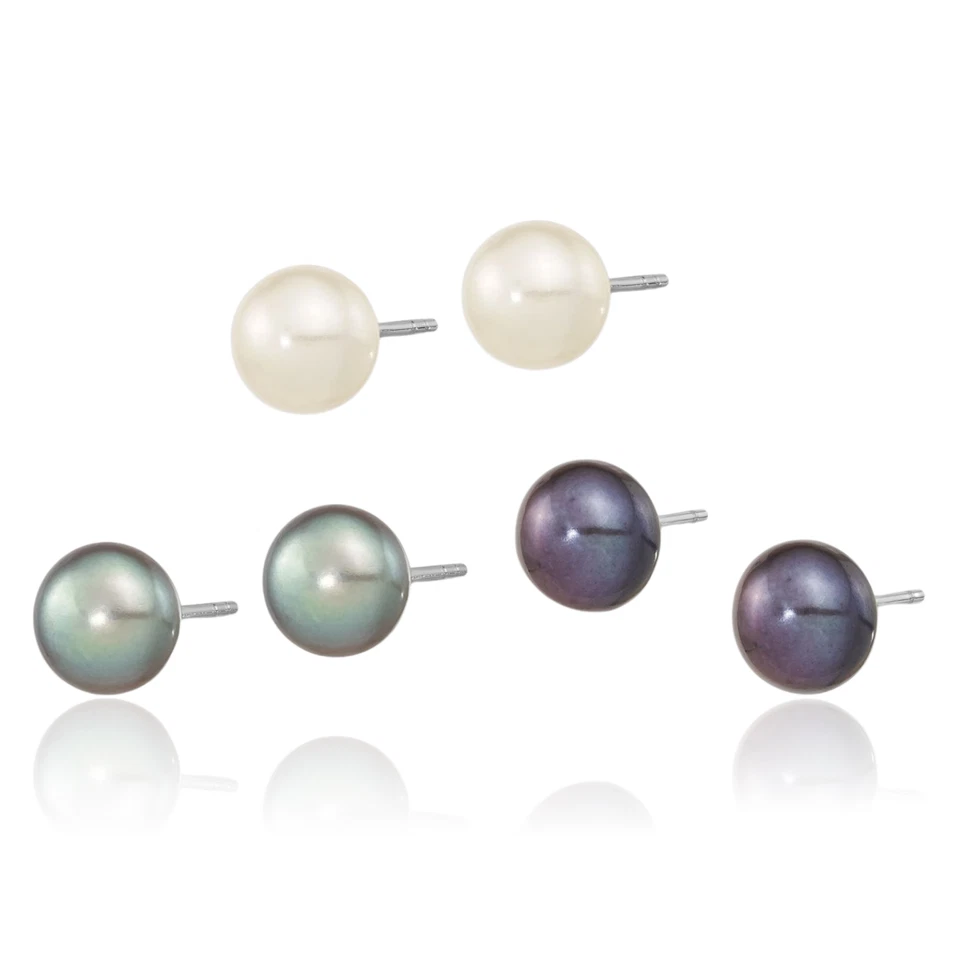 925 Sterling Silver 8mm Black White Grey Button Freshwater Cultured Pearl Set... - Image 2 of 4