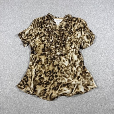 VTG Y2k Allison Taylor PS V Neck Top Cheetah Leopard Ruffles Sheer Short Sleeve
