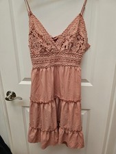 ECOWISH Coquette Pink Mini Dress L Crochet Lace Bodice Tiered Ruffle Cottagecore