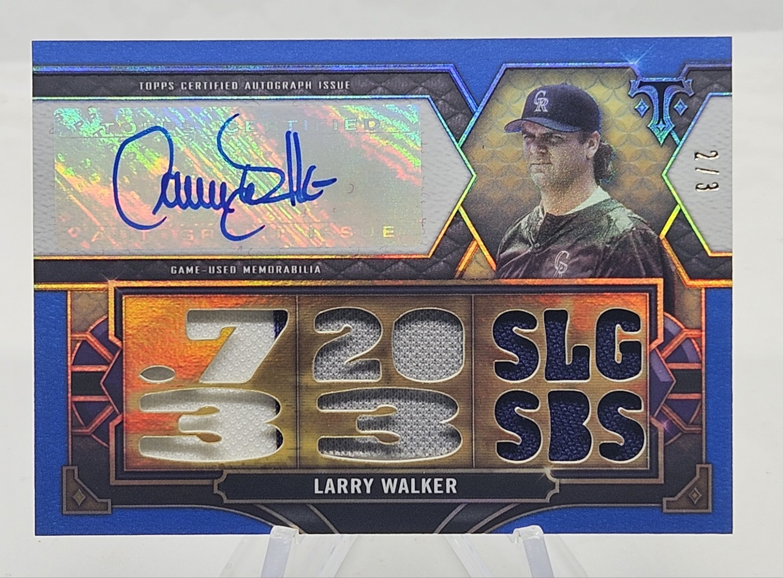 Larry Walker 2022 Topps Triple Threads Autograph Relic Sapphire #2/3  TTAR-LW4