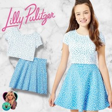 Lilly Pulitzer Girls 14 XL Thelma Set Polka Two Piece Set Blue Skirt Top Dress