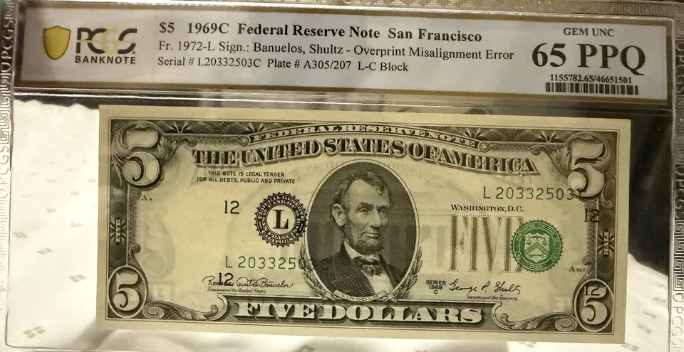 $5 1969C Federal Reserve Note Misalignment Error PCGS 65 PPQ Antique Currency - Image 2 of 4