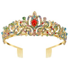 XZtimes Colored Gold Crown for Women, Metal Tiara Headband, Rhinestone Crysta...
