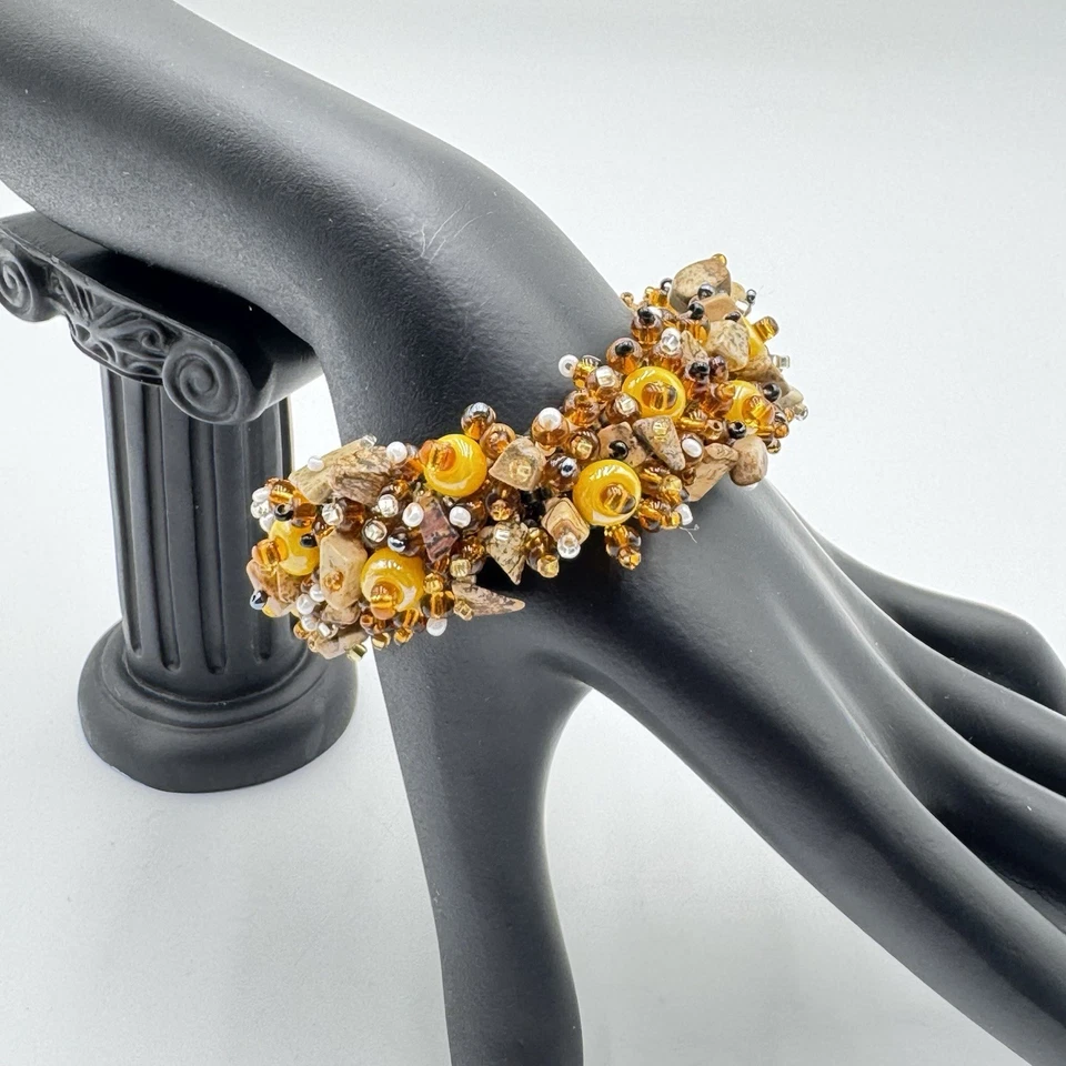 Brazalete tejido ámbar dorado con cuentas de vidrio astillado piedra boho ajustable 6,5" Foto 2 de 4