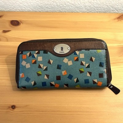 Fossil Key-Per Multicolor Coated Canvas Zip Clutch Wallet Organizer