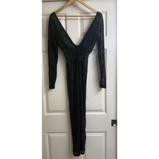 PrettyLittleThing Bodysuit Maxi Dress Womens 4 Black Lace Long Sleeve V-Neck NEW