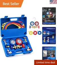 Complete AC Repair Kit - 3-Way Manifold Gauge with Color-Coded Hoses & Taps