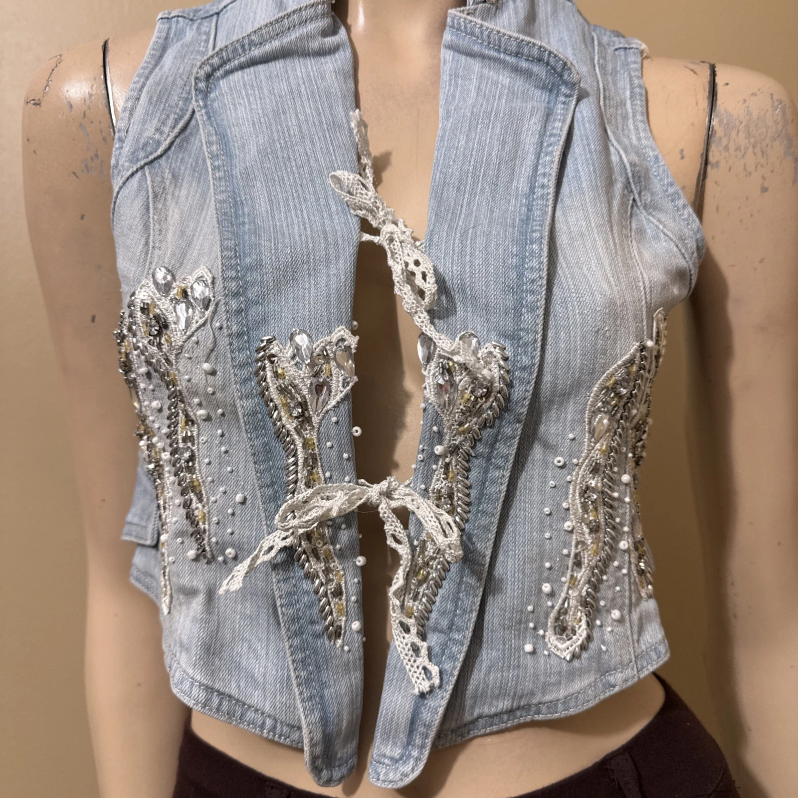 Women’s Sky Blue Cotton Denim Casual Boho Stretch Slim Beaded Tied Size M Vest
