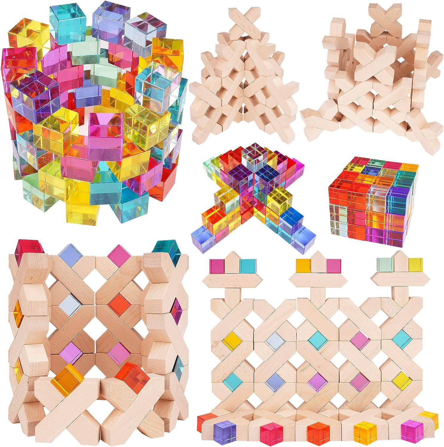 Wooden Rainbow Building Blocks Cube Gem Stacking Blocks Toy 