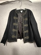 Chico's Jacket Womens 2 Black Beaded Sequin Military Open Front Lined Party