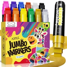 12 Colors Acrylic Paint Markers, 15mm Jumbo Poster Markers, Permanent Paint P...