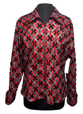 NEW Samuel Dong Short Jacket Size Large Red Black Diamond Full Zip Artsy Retro