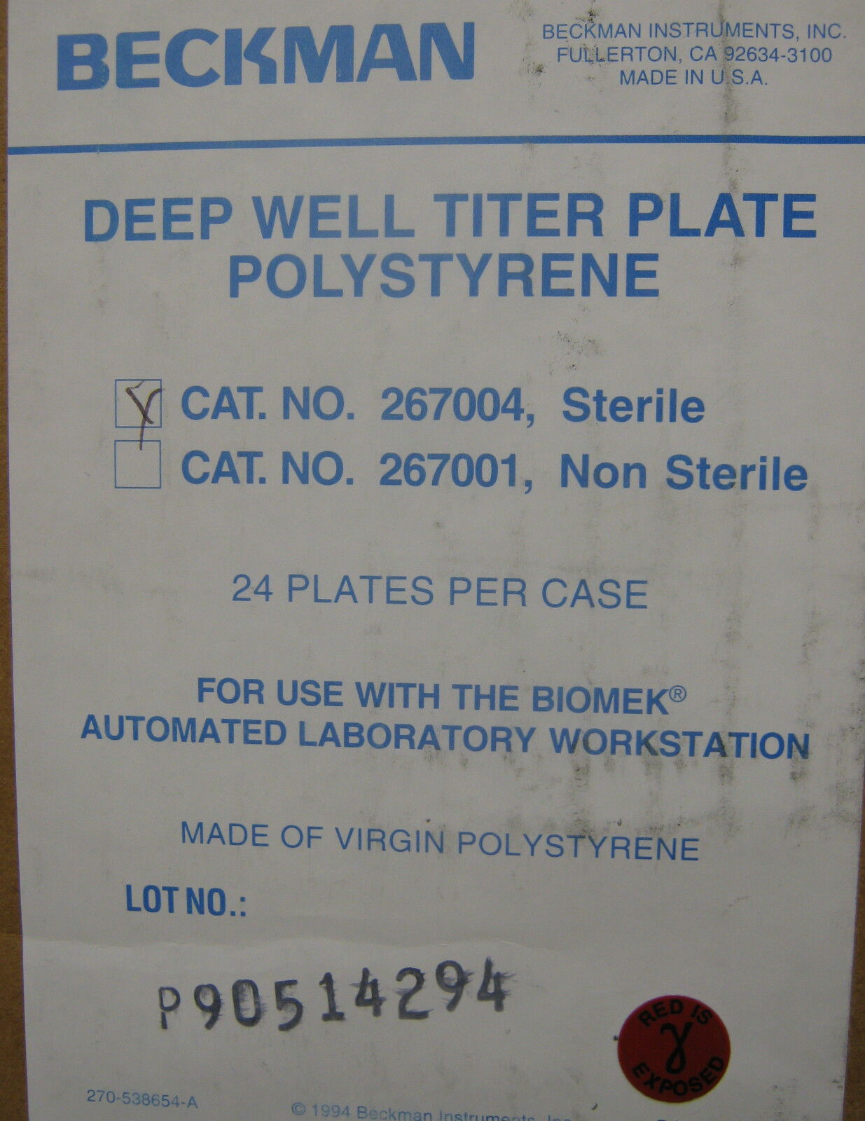 BECKMAN Polystyrene ☆最安値に挑戦 Deep-Well Plate 冬バーゲン Sterile 24 case of CAT.N