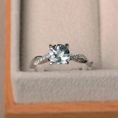 1.20 Ct Real Round Cut Aquamarine & Diamond Engagement Ring 14k Solid White Gold