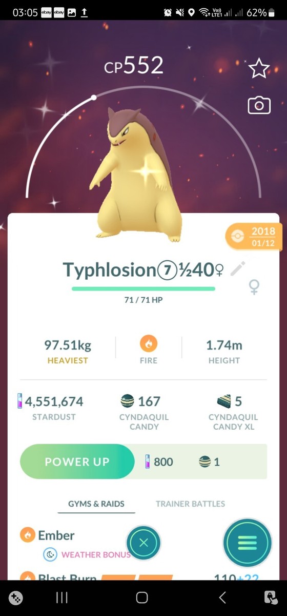 Shiny Typhlosion ( Caught In 2018 ) Pokemon Tr@de Go