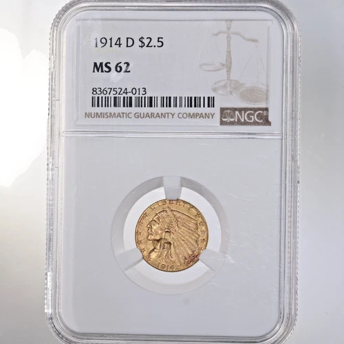 1914-D Indian $2.50 NGC Certified MS62 Mint State Graded Denver Mint Gold Coin
