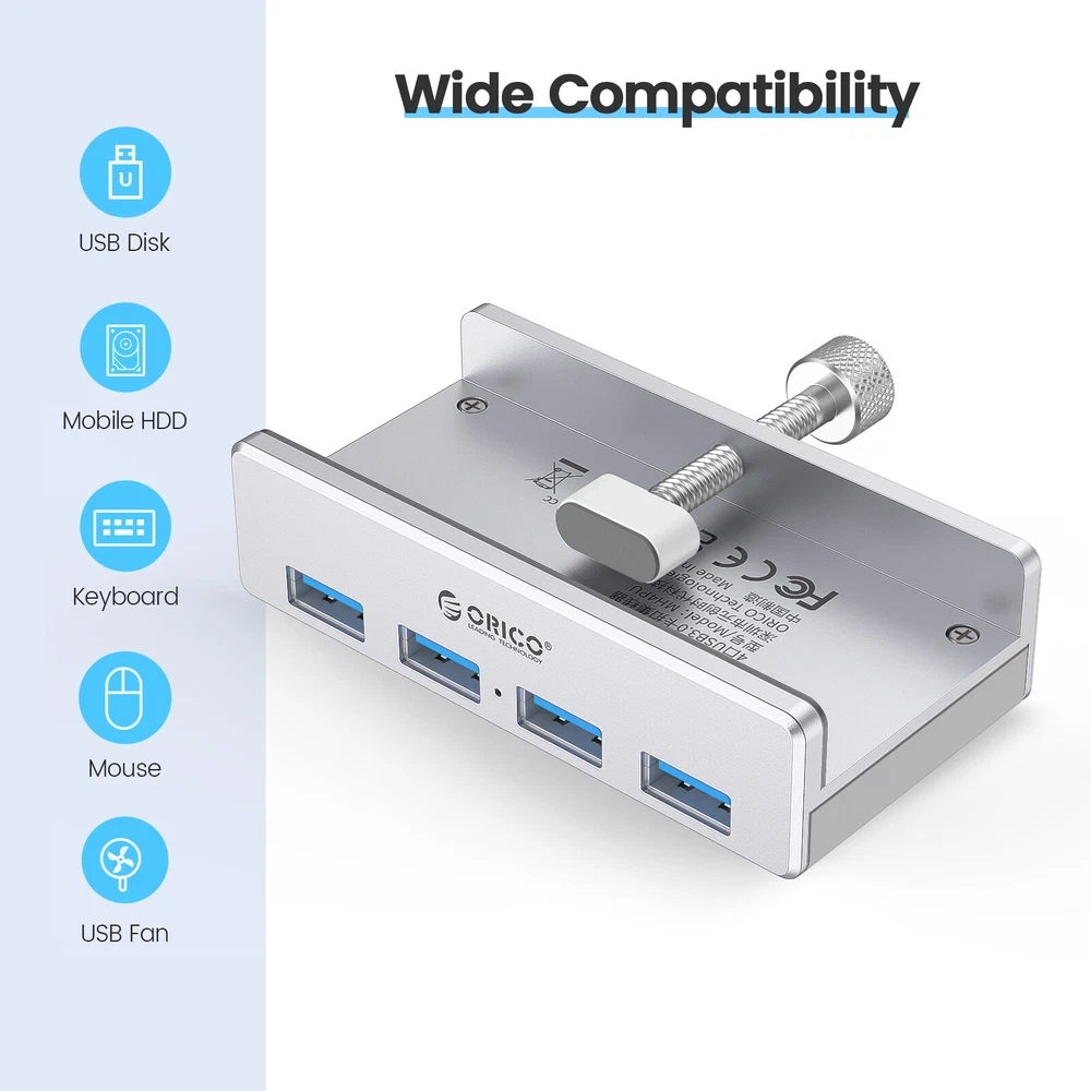 ORICO USB 3.0 Hub Aluminum 4Port USB Hub Clamp Powered USB Splitter A to C Cable