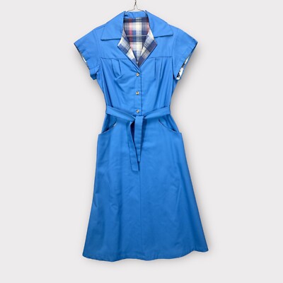 Vintage 70s Blue Plaid Detail Short Sleeve Midi Day Dress Shirtdress Belted M | eBay Vintage 70s Blue Plaid Detail Short Sleeve Midi Day Dress Shirtdress Belted M | eBay