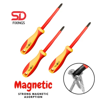 SD FIXINGS Pozi Head VDE Magnetic Tip Screwdrivers, High Performace Screwdriver Pz1, Pz2