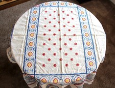 VINTAGE 48"x63" WHITE COTTON MULTICOLOR FLORAL HAND EMBROIDERED TABLECLOTH