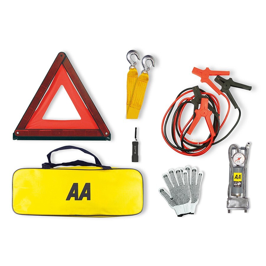 AA0651 Breakdown Emergency Kit Tow Rope LED Torch Foot Pump Triangle Jump Leads