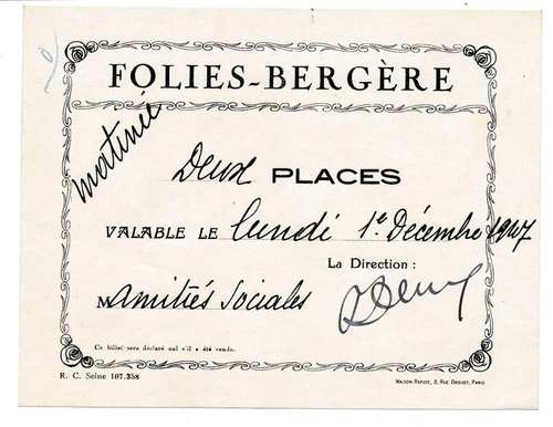Free 2 Seater Ticket for Les Folies Bergère 1947 Signed by Paul DERVAL