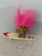 Vintage Russ Surfer Dude Troll-Pink Hair Doll On White Surf Board