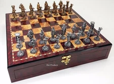 Medieval Times Crusade Pewter METAL Chess Set GLOSS Cherry Color Storage Board