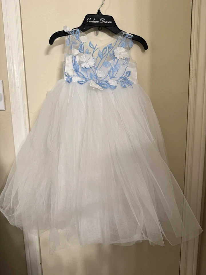 Vestido Niña Flor Azul con Tren, Vestido Niña Azul, Vestido Niña Flor Marfil Foto 3 de 4