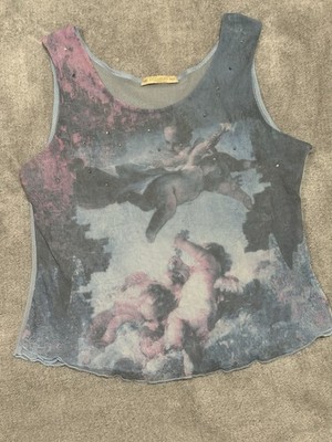 Suzanna Paris Vtg Renaissance Angel Amour Y2K Art Blue Tank Top Mesh Rhinestone