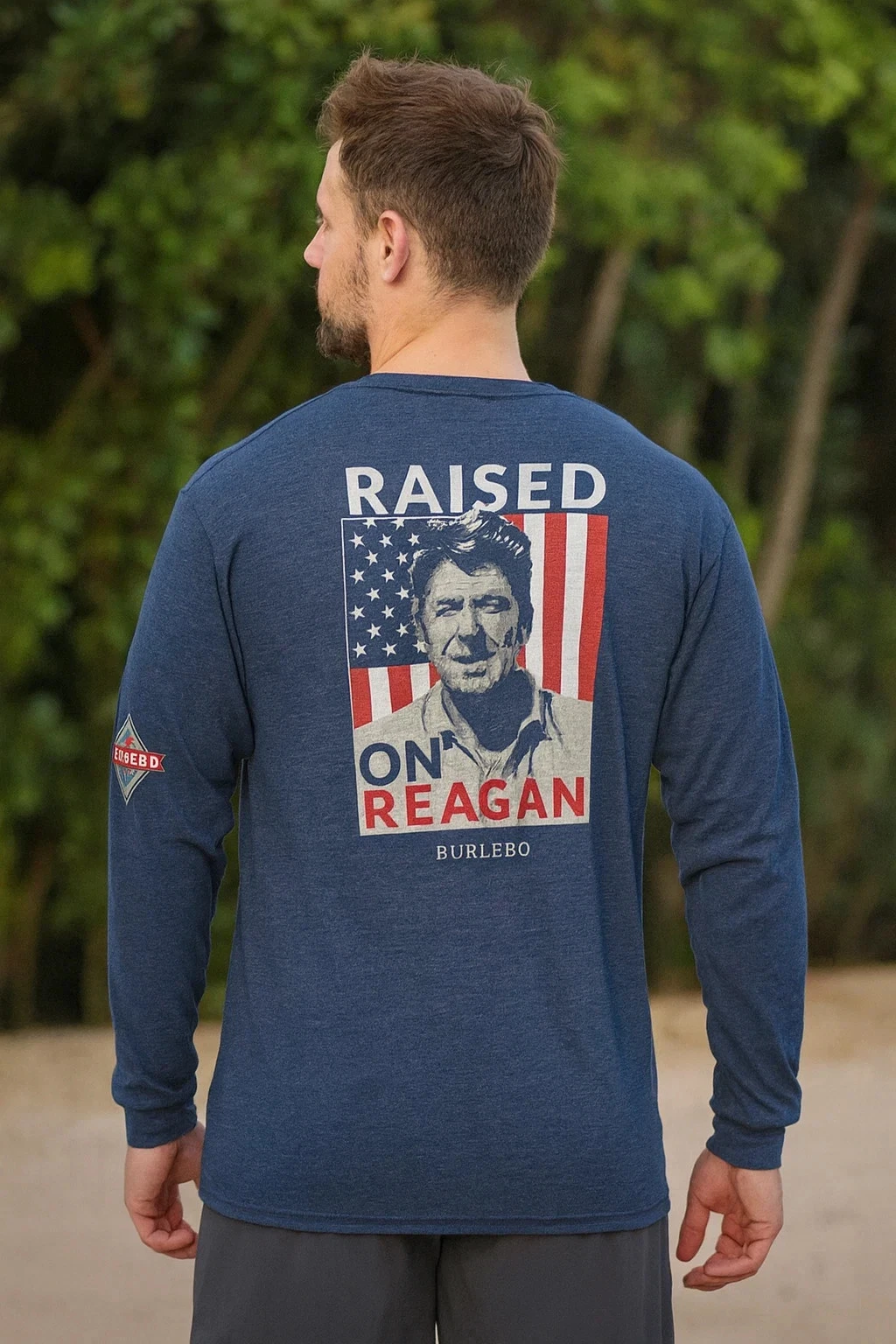 Burlebo Raised on Reagan Long Sleeve Tee Large Mens Navy Graphic Shirt NEW