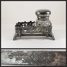 Antique Victorian Pairpoint Mfg Silverplate Inkwell/Pen Stand, Cut Glass Inkwell