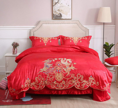 Chinese Wedding Bedding Set Queen 4Pcs   Red Satin Sheets with Dragon & Phoenix 